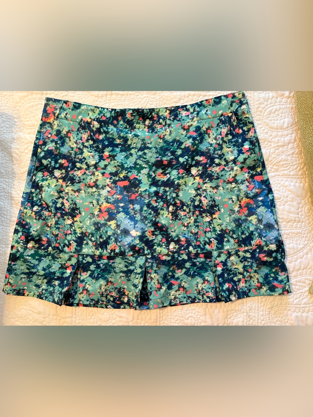 Lady Hagen Teal Green Abstract Floral Mini Skirt with Coral Accents